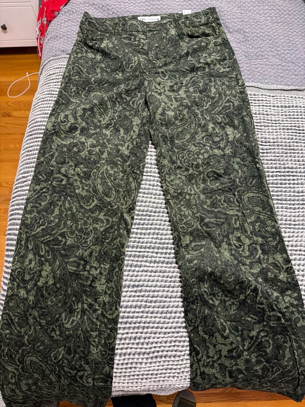 Zara Olive Green Paisley Wide-Leg Jeans
